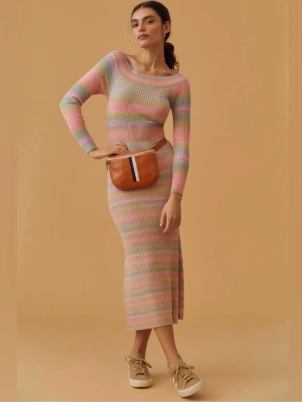 Anthropologie Daily Practice Pastel Striped sweater Dress Knit- Pink Green Multi